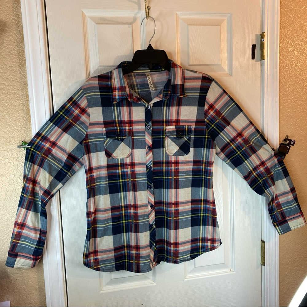 R N B Women XL Button Down Shirt Plaid Tartan Pockets Long Sleeve Casual Party